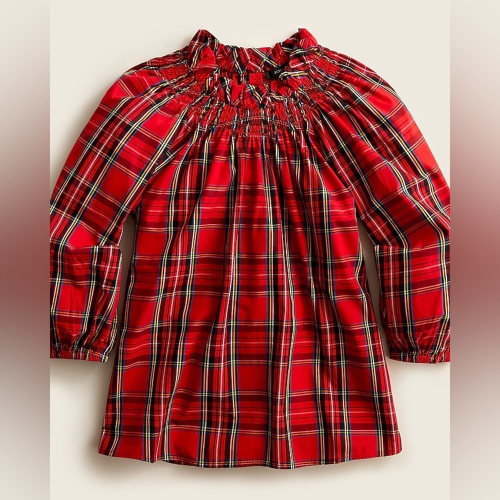 J. Crew women’s smocked neck top in good tidings plaid NWT